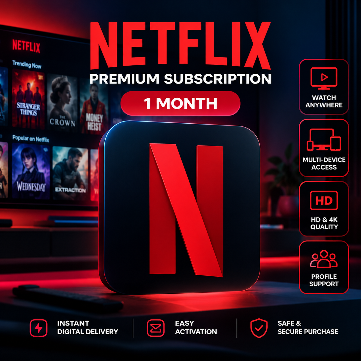 Netflix Premium 1 Month Subscription – 4K UHD Streaming